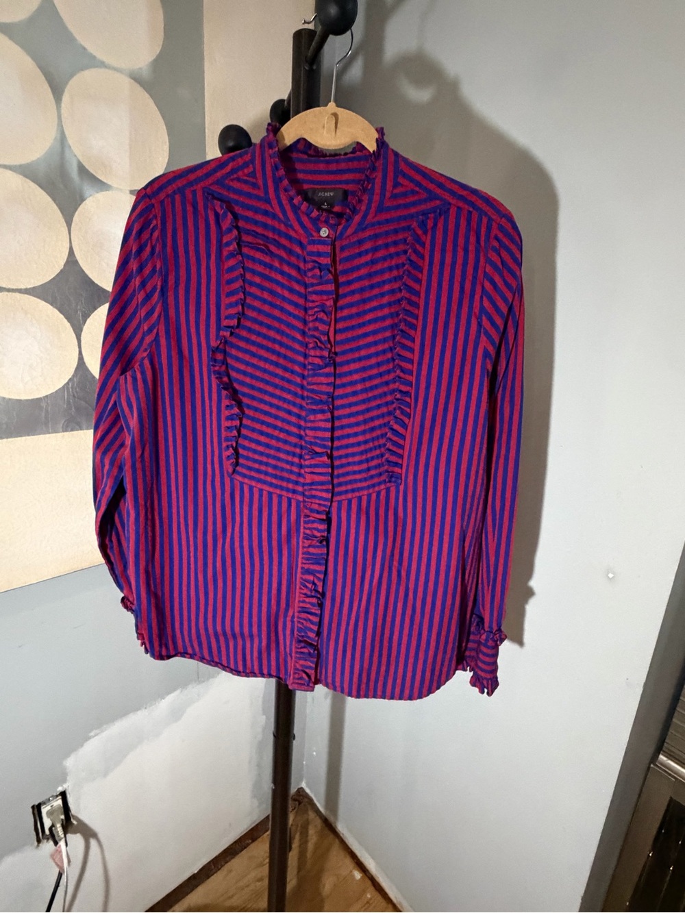 J. Crew Women's Red & Blue Striped Long Sleeve Ruffle Trim Tuxedo Top Blouse L.